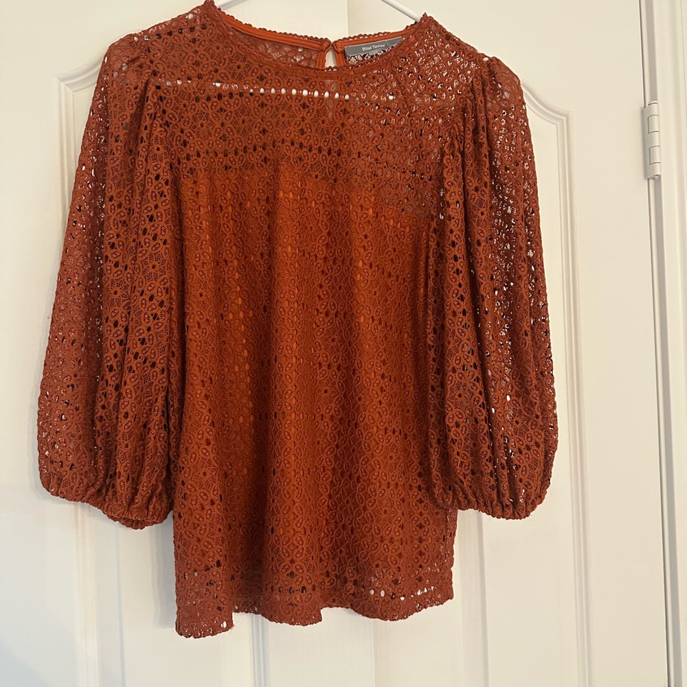 Anthropologie Blue Tassel Women's Rust Eyelet Top